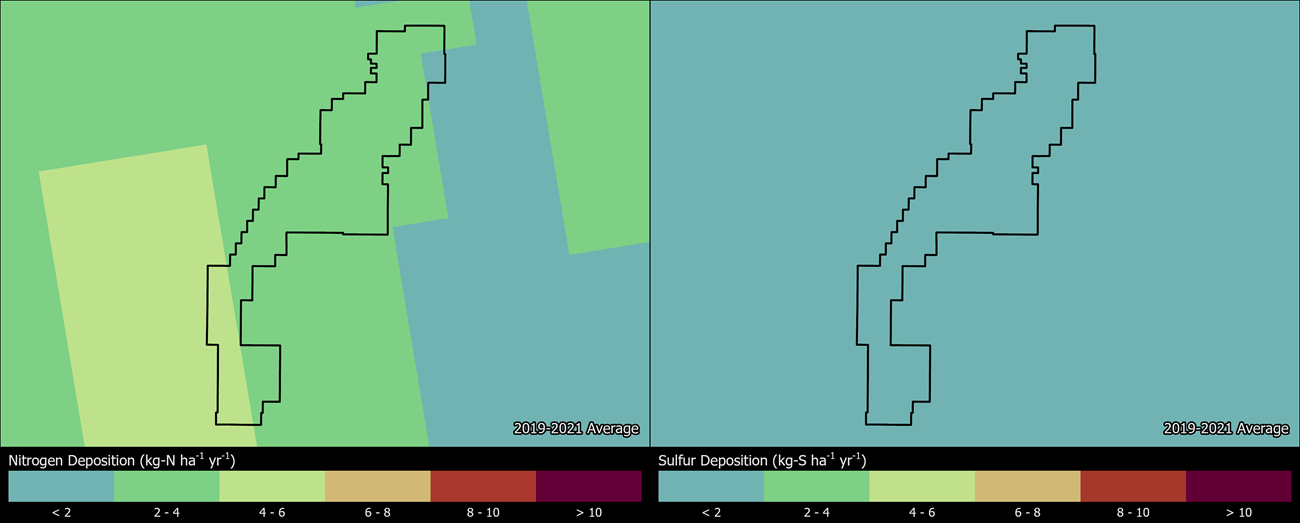Two maps showing BRCA boundaries. The left map shows the spatial distribution of estimated total nitrogen deposition levels from 2000-2002. The right map shows the spatial distribution of estimated total sulfur deposition levels from 2000-2002.