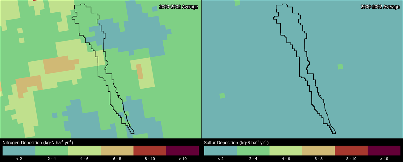 Two maps showing CARE boundaries. The left map shows the spatial distribution of estimated total nitrogen deposition levels from 2000-2002. The right map shows the spatial distribution of estimated total sulfur deposition levels from 2000-2002.