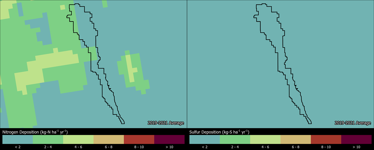 Two maps showing CARE boundaries. The left map shows the spatial distribution of estimated total nitrogen deposition levels from 2000-2002. The right map shows the spatial distribution of estimated total sulfur deposition levels from 2000-2002.