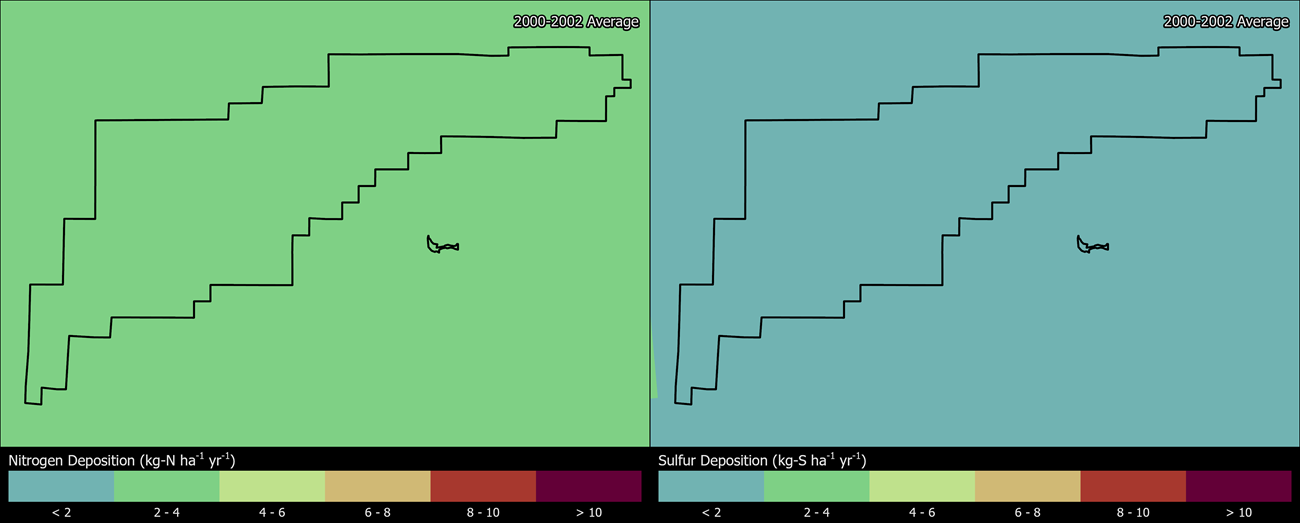 Two maps showing CAVE boundaries. The left map shows the spatial distribution of estimated total nitrogen deposition levels from 2000-2002. The right map shows the spatial distribution of estimated total sulfur deposition levels from 2000-2002.