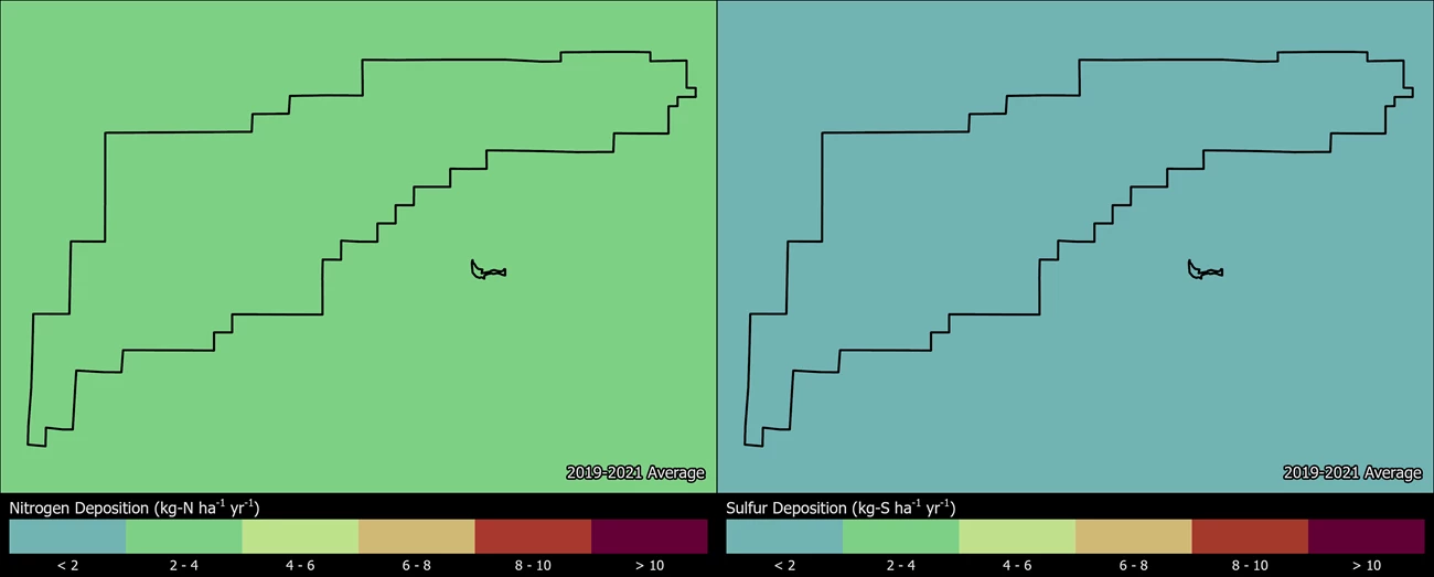 Two maps showing CAVE boundaries. The left map shows the spatial distribution of estimated total nitrogen deposition levels from 2000-2002. The right map shows the spatial distribution of estimated total sulfur deposition levels from 2000-2002.