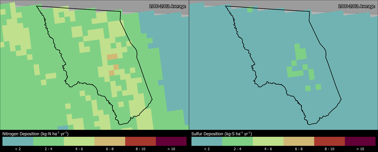 Two maps showing GLAC boundaries. The left map shows the spatial distribution of estimated total nitrogen deposition levels from 2000-2002. The right map shows the spatial distribution of estimated total sulfur deposition levels from 2000-2002.