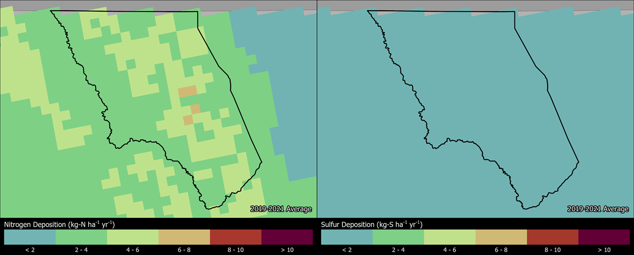 Two maps showing GLAC boundaries. The left map shows the spatial distribution of estimated total nitrogen deposition levels from 2000-2002. The right map shows the spatial distribution of estimated total sulfur deposition levels from 2000-2002.
