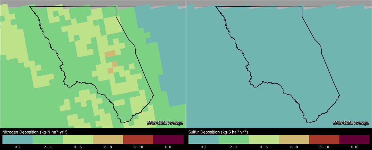 Two maps showing GLAC boundaries. The left map shows the spatial distribution of estimated total nitrogen deposition levels from 2000-2002. The right map shows the spatial distribution of estimated total sulfur deposition levels from 2000-2002.