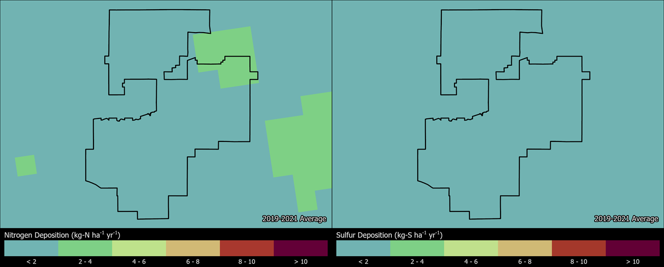 Two maps showing PEFO boundaries. The left map shows the spatial distribution of estimated total nitrogen deposition levels from 2000-2002. The right map shows the spatial distribution of estimated total sulfur deposition levels from 2000-2002.