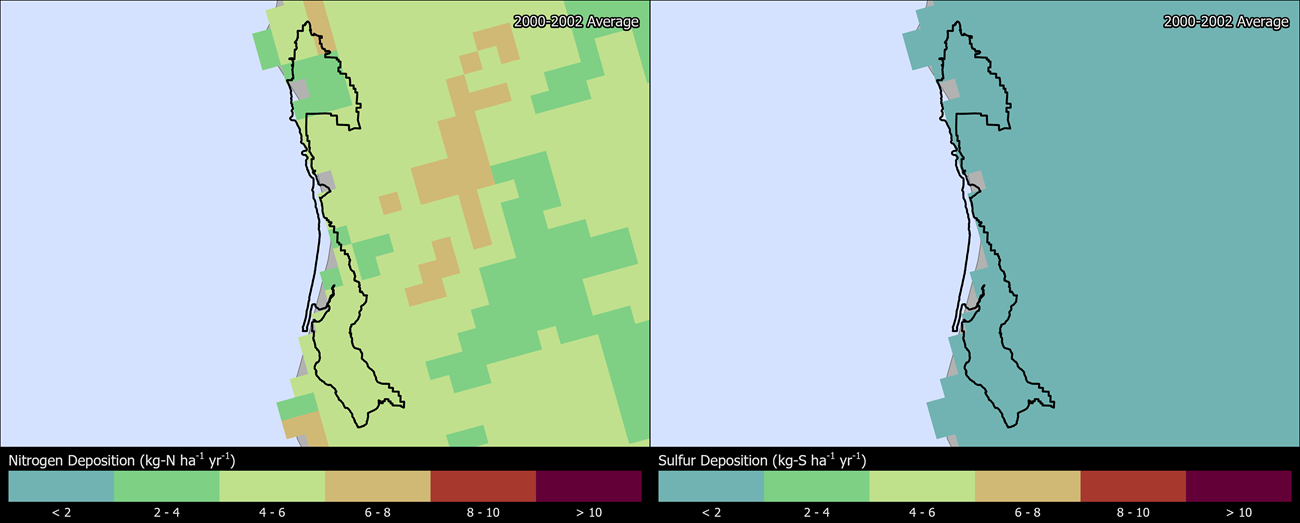 Two maps showing REDW boundaries. The left map shows the spatial distribution of estimated total nitrogen deposition levels from 2000-2002. The right map shows the spatial distribution of estimated total sulfur deposition levels from 2000-2002.