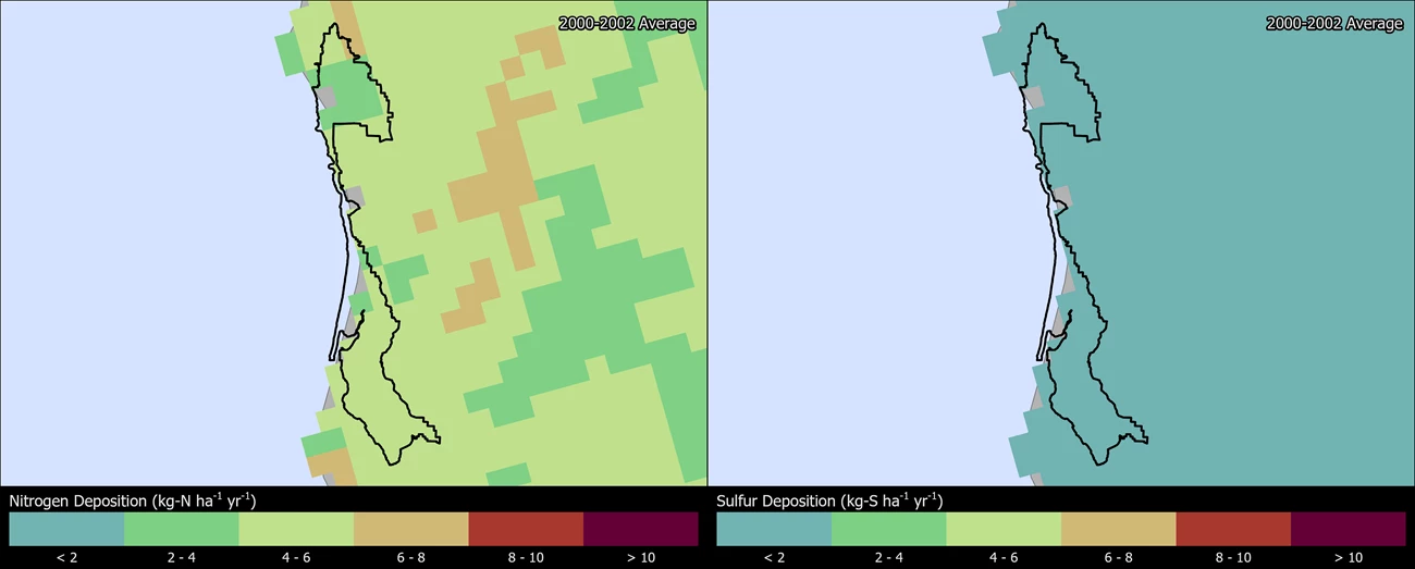 Two maps showing REDW boundaries. The left map shows the spatial distribution of estimated total nitrogen deposition levels from 2000-2002. The right map shows the spatial distribution of estimated total sulfur deposition levels from 2000-2002.