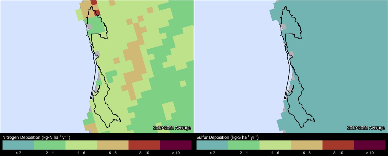 Two maps showing REDW boundaries. The left map shows the spatial distribution of estimated total nitrogen deposition levels from 2000-2002. The right map shows the spatial distribution of estimated total sulfur deposition levels from 2000-2002.