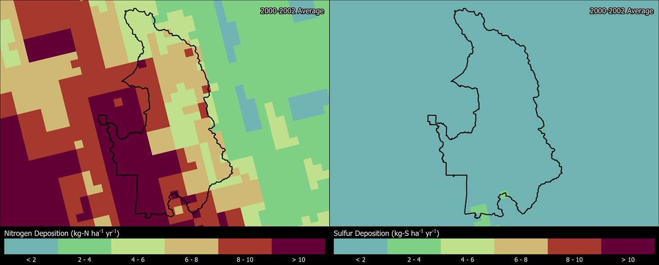 Two maps showing SEKI boundaries. The left map shows the spatial distribution of estimated total nitrogen deposition levels from 2000-2002. The right map shows the spatial distribution of estimated total sulfur deposition levels from 2000-2002.