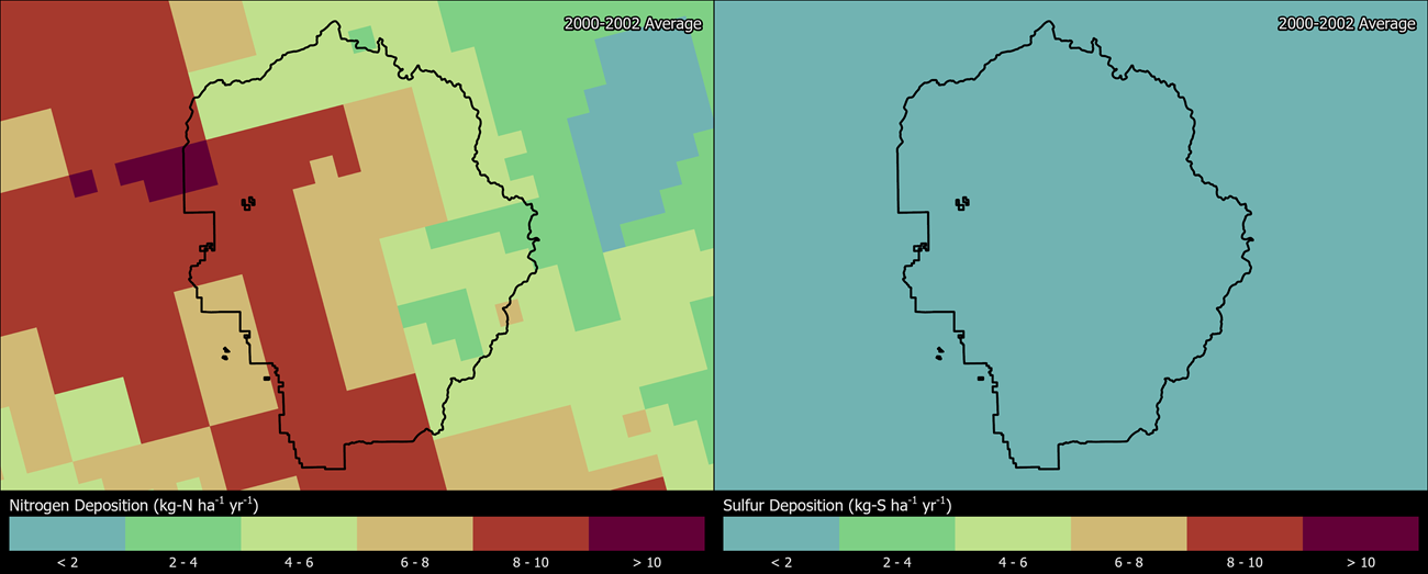 Two maps showing YOSE boundaries. The left map shows the spatial distribution of estimated total nitrogen deposition levels from 2000-2002. The right map shows the spatial distribution of estimated total sulfur deposition levels from 2000-2002.