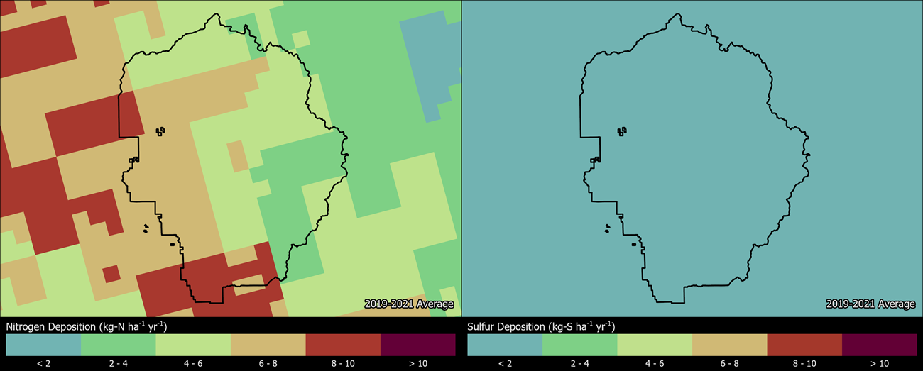 Two maps showing YOSE boundaries. The left map shows the spatial distribution of estimated total nitrogen deposition levels from 2000-2002. The right map shows the spatial distribution of estimated total sulfur deposition levels from 2000-2002.
