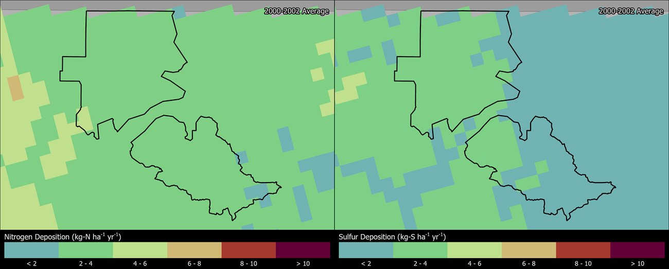 Two maps showing NOCA boundaries. The left map shows the spatial distribution of estimated total nitrogen deposition levels from 2000-2002. The right map shows the spatial distribution of estimated total sulfur deposition levels from 2000-2002.