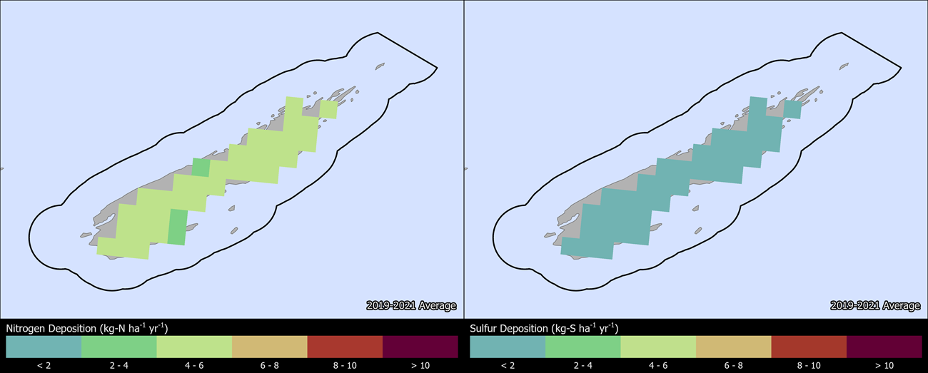 Two maps showing ISRO boundaries. The left map shows the spatial distribution of estimated total nitrogen deposition levels from 2000-2002. The right map shows the spatial distribution of estimated total sulfur deposition levels from 2000-2002.