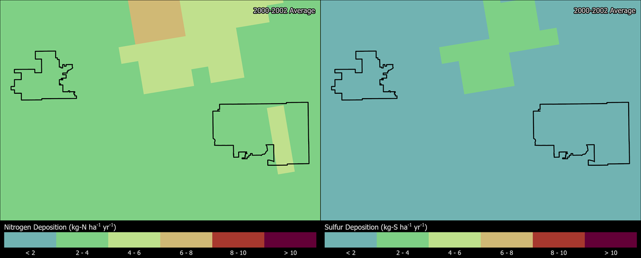 Two maps showing SAGU boundaries. The left map shows the spatial distribution of estimated total nitrogen deposition levels from 2000-2002. The right map shows the spatial distribution of estimated total sulfur deposition levels from 2000-2002.