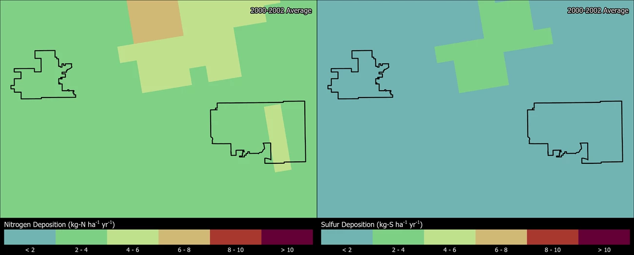 Two maps showing SAGU boundaries. The left map shows the spatial distribution of estimated total nitrogen deposition levels from 2000-2002. The right map shows the spatial distribution of estimated total sulfur deposition levels from 2000-2002.