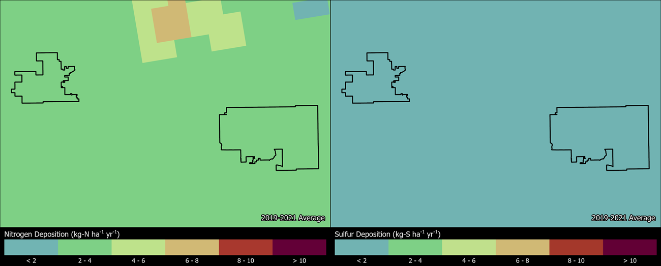 Two maps showing SAGU boundaries. The left map shows the spatial distribution of estimated total nitrogen deposition levels from 2000-2002. The right map shows the spatial distribution of estimated total sulfur deposition levels from 2000-2002.