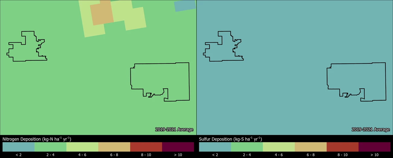 Two maps showing SAGU boundaries. The left map shows the spatial distribution of estimated total nitrogen deposition levels from 2000-2002. The right map shows the spatial distribution of estimated total sulfur deposition levels from 2000-2002.