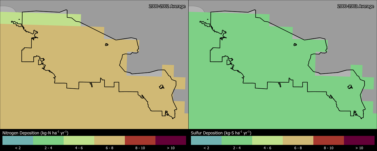 Two maps showing VOYA boundaries. The left map shows the spatial distribution of estimated total nitrogen deposition levels from 2000-2002. The right map shows the spatial distribution of estimated total sulfur deposition levels from 2000-2002.