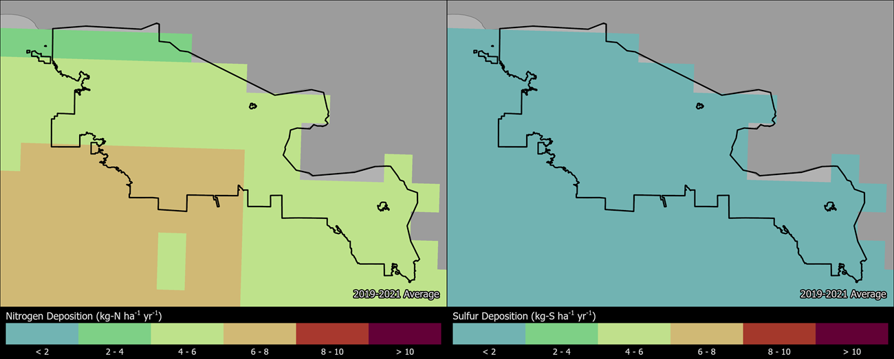 Two maps showing VOYA boundaries. The left map shows the spatial distribution of estimated total nitrogen deposition levels from 2000-2002. The right map shows the spatial distribution of estimated total sulfur deposition levels from 2000-2002.