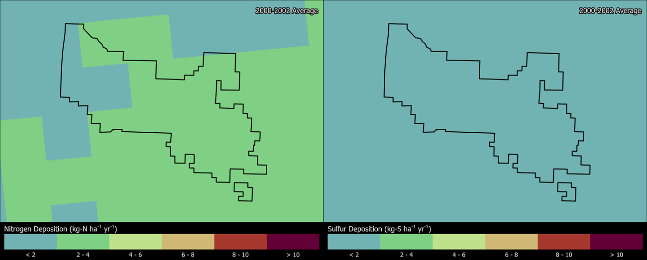 Two maps showing BLCA boundaries. The left map shows the spatial distribution of estimated total nitrogen deposition levels from 2000-2002. The right map shows the spatial distribution of estimated total sulfur deposition levels from 2000-2002.