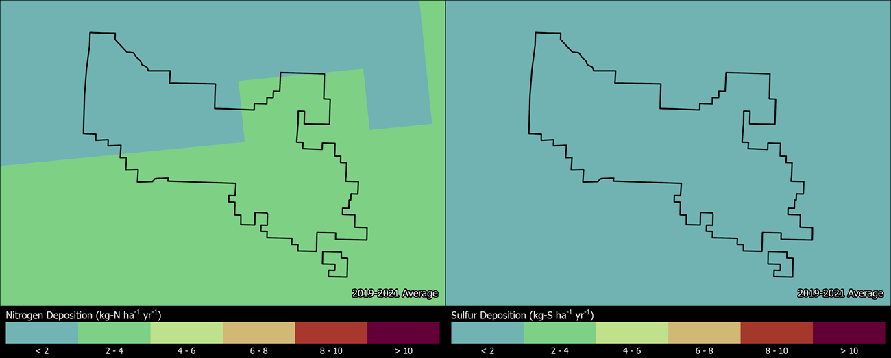 Two maps showing BLCA boundaries. The left map shows the spatial distribution of estimated total nitrogen deposition levels from 2000-2002. The right map shows the spatial distribution of estimated total sulfur deposition levels from 2000-2002.