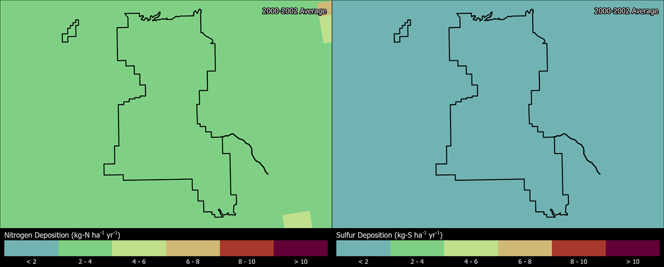 Two maps showing CANY boundaries. The left map shows the spatial distribution of estimated total nitrogen deposition levels from 2000-2002. The right map shows the spatial distribution of estimated total sulfur deposition levels from 2000-2002.