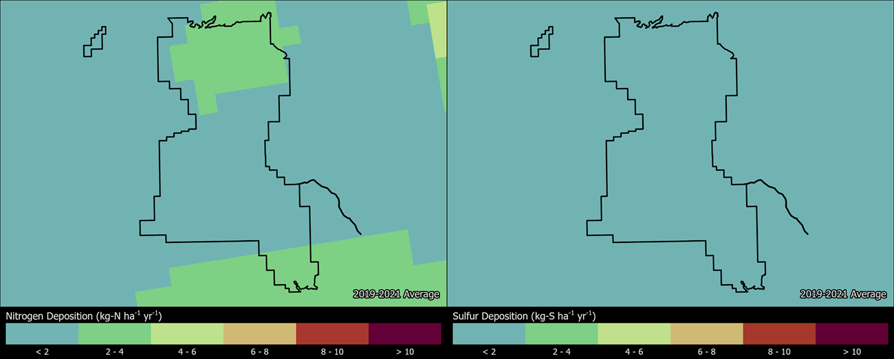 Two maps showing CANY boundaries. The left map shows the spatial distribution of estimated total nitrogen deposition levels from 2000-2002. The right map shows the spatial distribution of estimated total sulfur deposition levels from 2000-2002.
