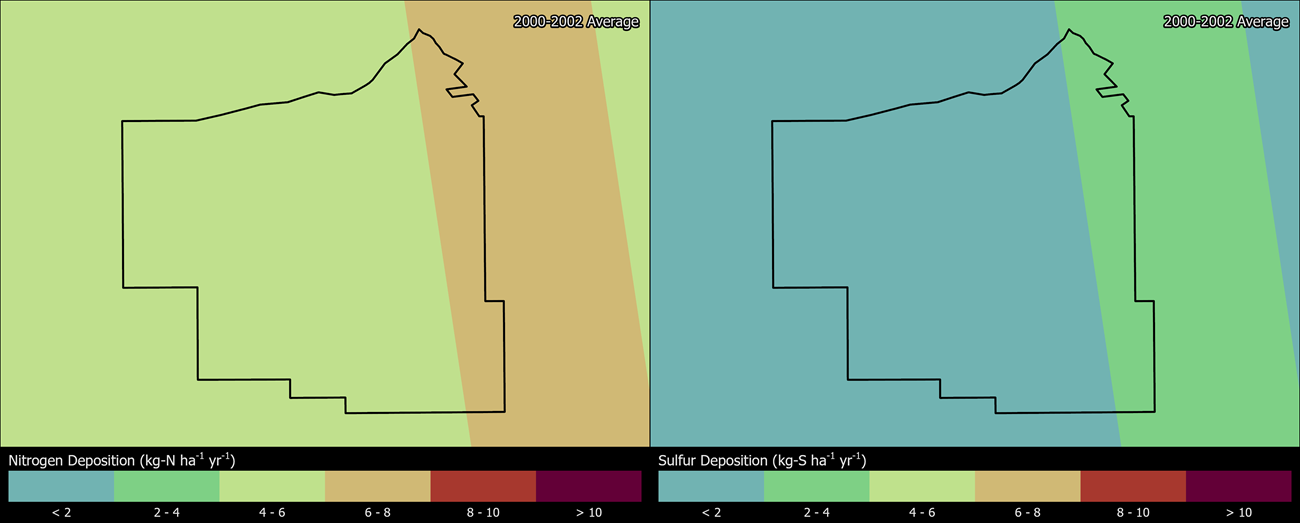 Two maps showing CHIR boundaries. The left map shows the spatial distribution of estimated total nitrogen deposition levels from 2000-2002. The right map shows the spatial distribution of estimated total sulfur deposition levels from 2000-2002.