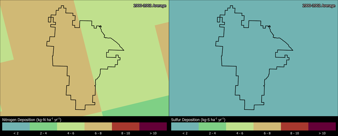 Two maps showing PINN boundaries. The left map shows the spatial distribution of estimated total nitrogen deposition levels from 2000-2002. The right map shows the spatial distribution of estimated total sulfur deposition levels from 2000-2002.
