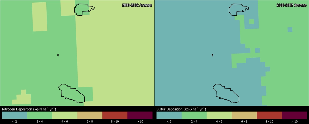 Two maps showing THRO boundaries. The left map shows the spatial distribution of estimated total nitrogen deposition levels from 2000-2002. The right map shows the spatial distribution of estimated total sulfur deposition levels from 2000-2002.