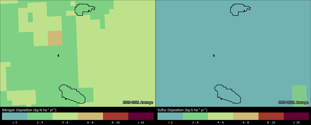 Two maps showing THRO boundaries. The left map shows the spatial distribution of estimated total nitrogen deposition levels from 2000-2002. The right map shows the spatial distribution of estimated total sulfur deposition levels from 2000-2002.