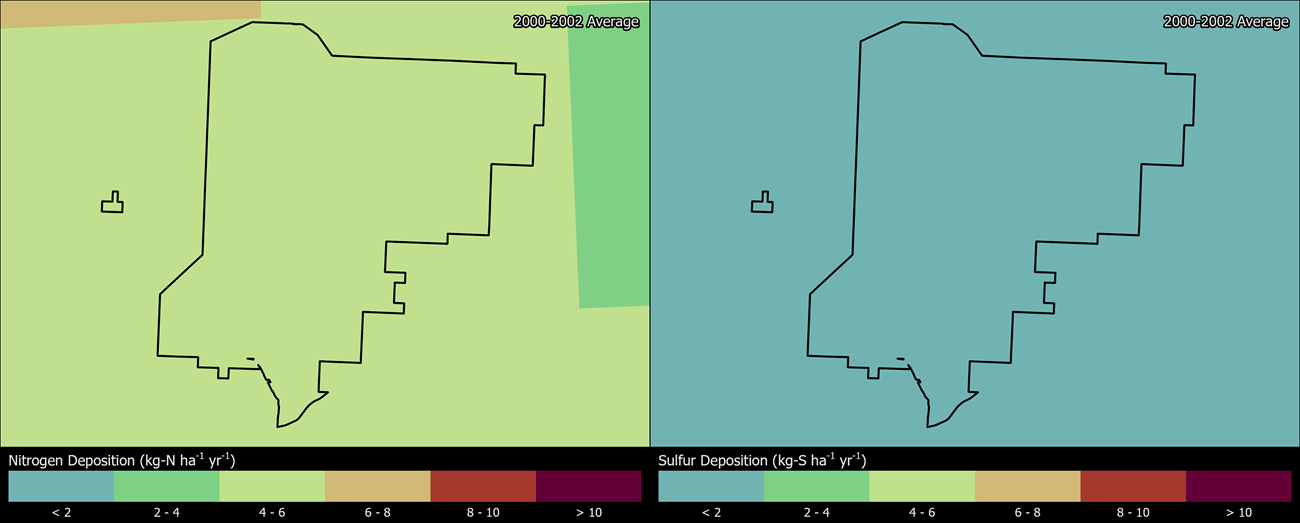Two maps showing WICA boundaries. The left map shows the spatial distribution of estimated total nitrogen deposition levels from 2000-2002. The right map shows the spatial distribution of estimated total sulfur deposition levels from 2000-2002.