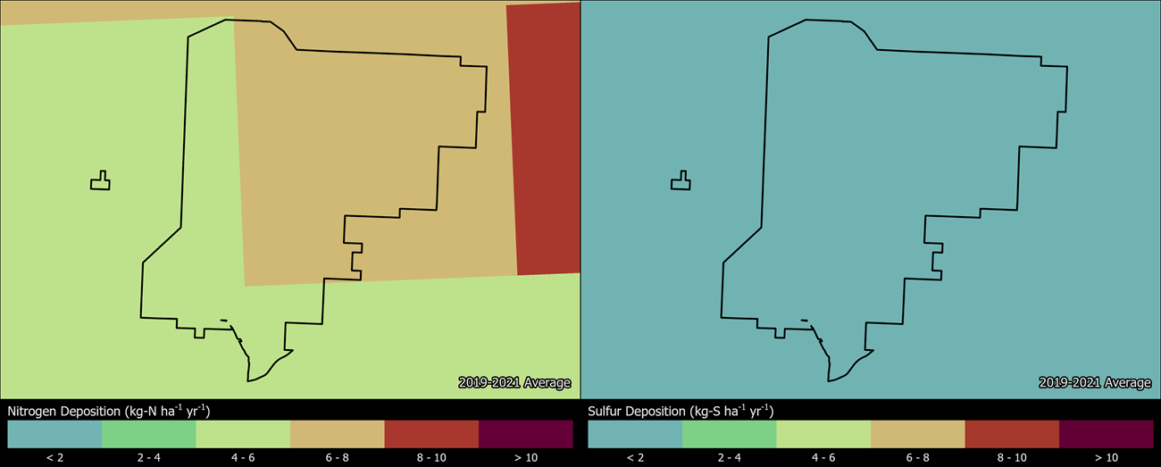 Two maps showing WICA boundaries. The left map shows the spatial distribution of estimated total nitrogen deposition levels from 2000-2002. The right map shows the spatial distribution of estimated total sulfur deposition levels from 2000-2002.