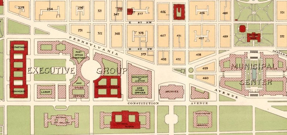 An old map showing the federal triangle pre-construction. Pennsylvania Ave is oriented to the north and Constitution Ave is to the south. The Post Office builing and center market are clearly labeled.