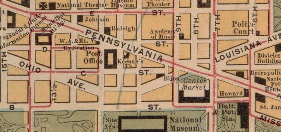 An old map showing the federal triangle pre-construction. Pennsylvania Ave is oriented to the north and Constitution Ave is to the south. The Post Office builing and center market are clearly labeled.