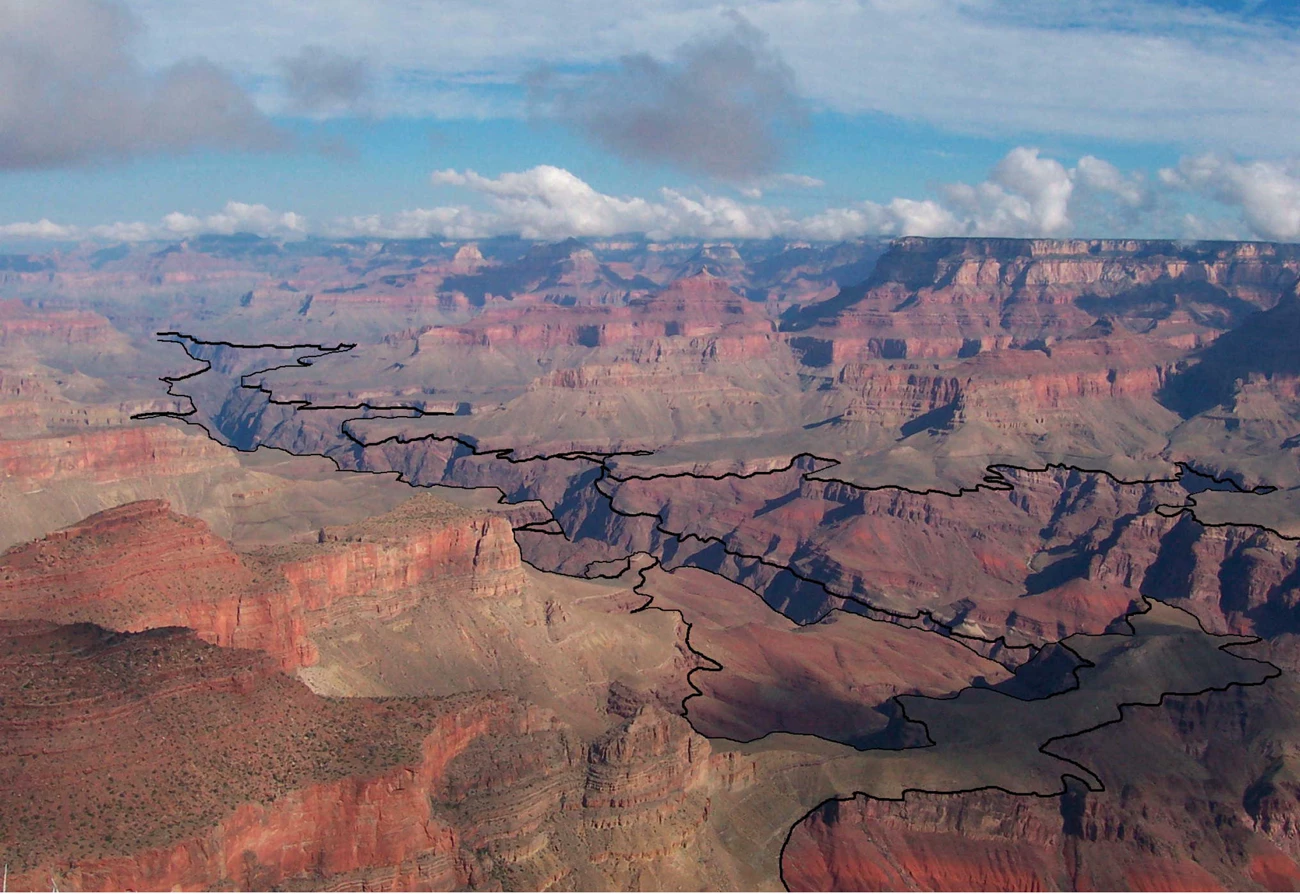 Photo view into the Grand Canyon with rock contacts drawn in and rock sets labeled.