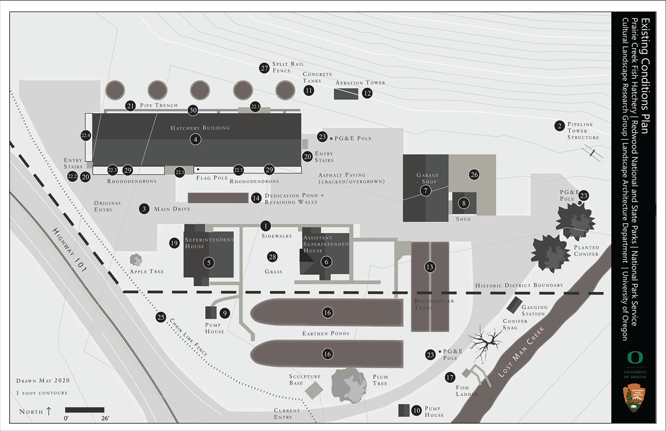 A labeled site plan shows landscape features of the Prairie Creek Fish Hatchery in 1943
