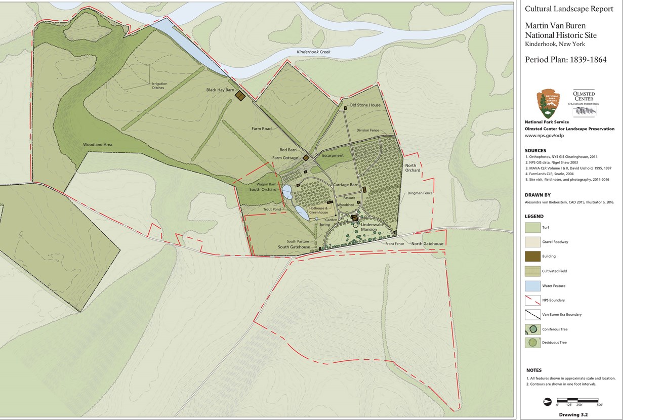 A site plan shows conditions and features during the 1839-1864 period. An extensive orchard is right of the mansion.