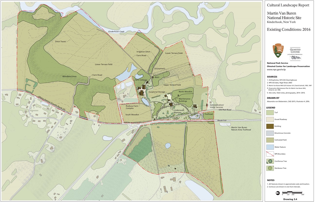 A site plan shows conditions and features during the 1839-1864 period. An extensive orchard is right of the mansion.