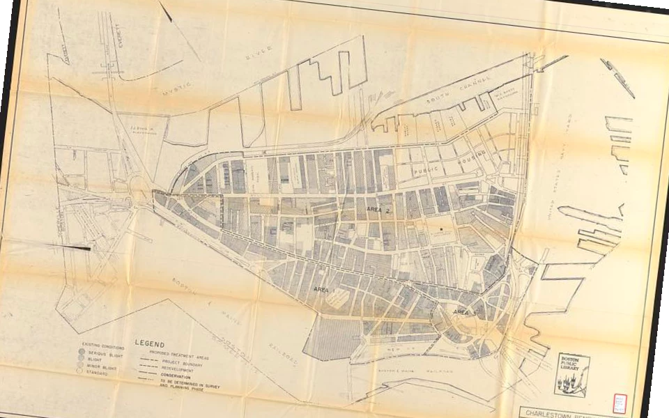Black and white map of Charlestown indicating the areas that are considered "blighted" which is the majority of Charlestown