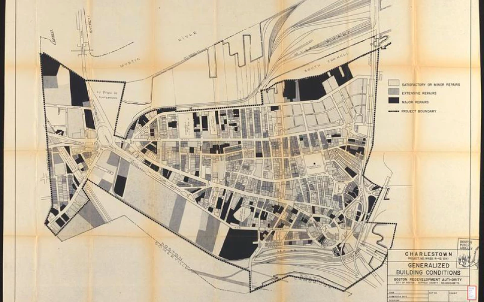 Black and white map of Charlestown indicating the areas that are considered "blighted" which is the majority of Charlestown