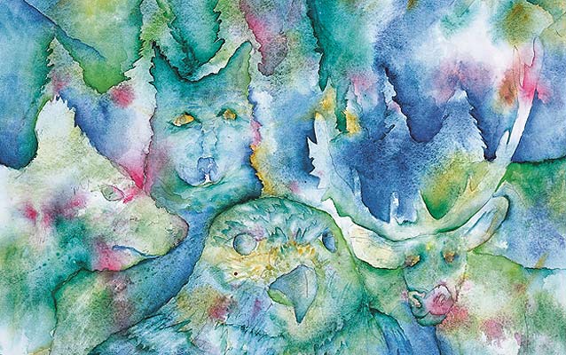 A watercolor painting that is a collage of outlines of trees, a bear, a wolf, an eagle, and an elk. A watercolor painting that is a collage of outlines of trees, a bear, a wolf, an eagle, and an elk.