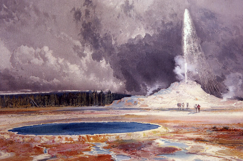 A watercolor of a blue hot spring with people watching a geyser erupt in the background. A watercolor of a blue hot spring with people watching a geyser erupt in the background.