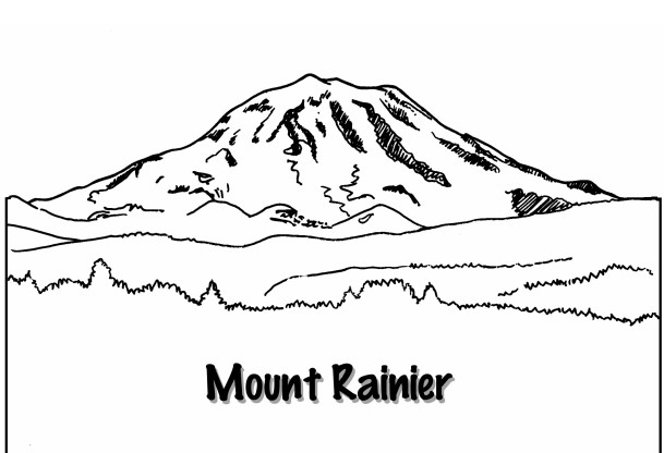 Drawing of a mountain labeled Mount Rainier. Drawing of a mountain labeled Mount Rainier.