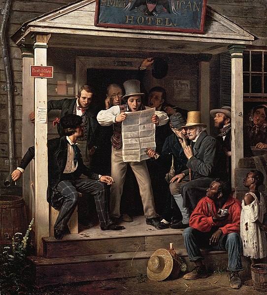 A historical painting of people recieving war news from Mexico A historical painting of people recieving war news from Mexico