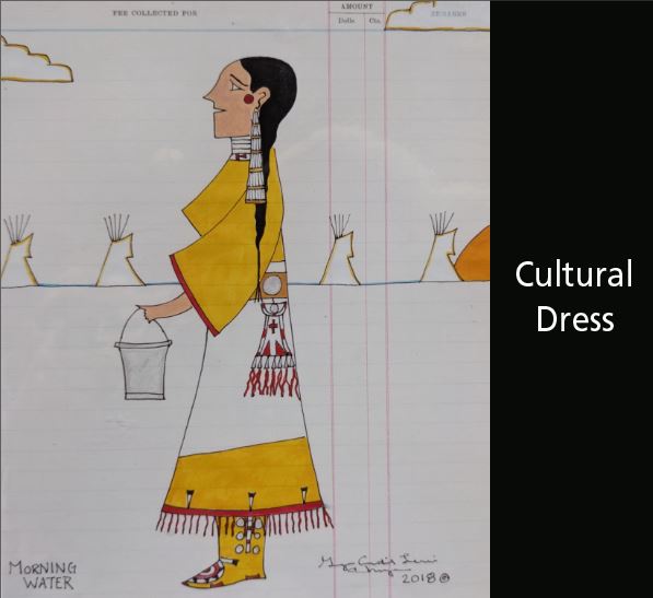 Ledger art of Plains Indian woman in yellow and white traditional dress carrying kettle