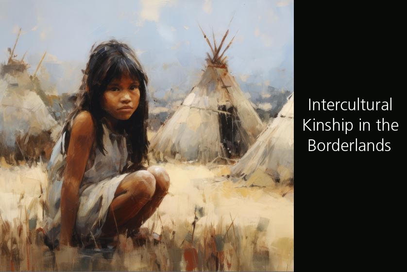 Painting of young Native American girl sitting in prairie grass with tipis behind her
