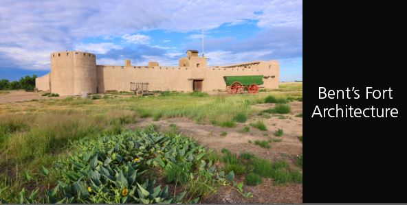Landscape photo of Bent's Old Fort with green wagon in front, green grasses and blue sky