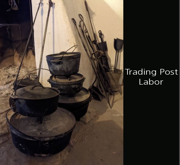 Photo of kitchen hearth at Bent's Fort showing iron pots and kitchen tools