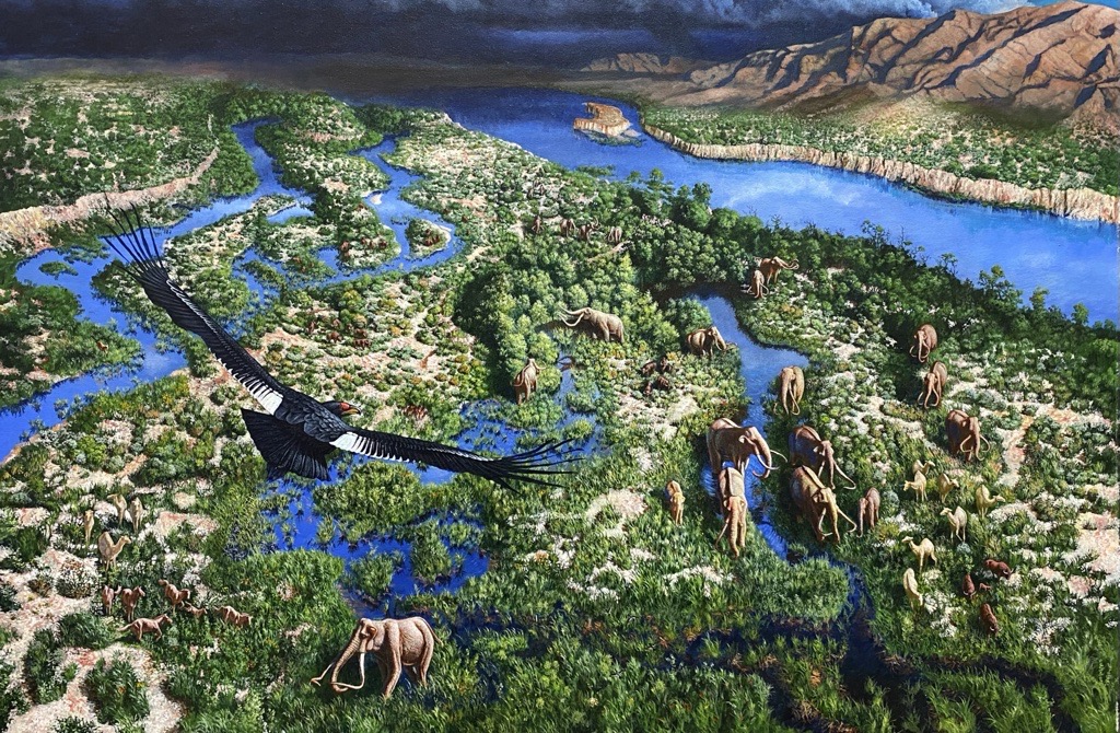 A large bird flies above a valley filled with streams, trees, and herds of ice age animals. A large bird flies above a valley filled with streams, trees, and herds of ice age animals.